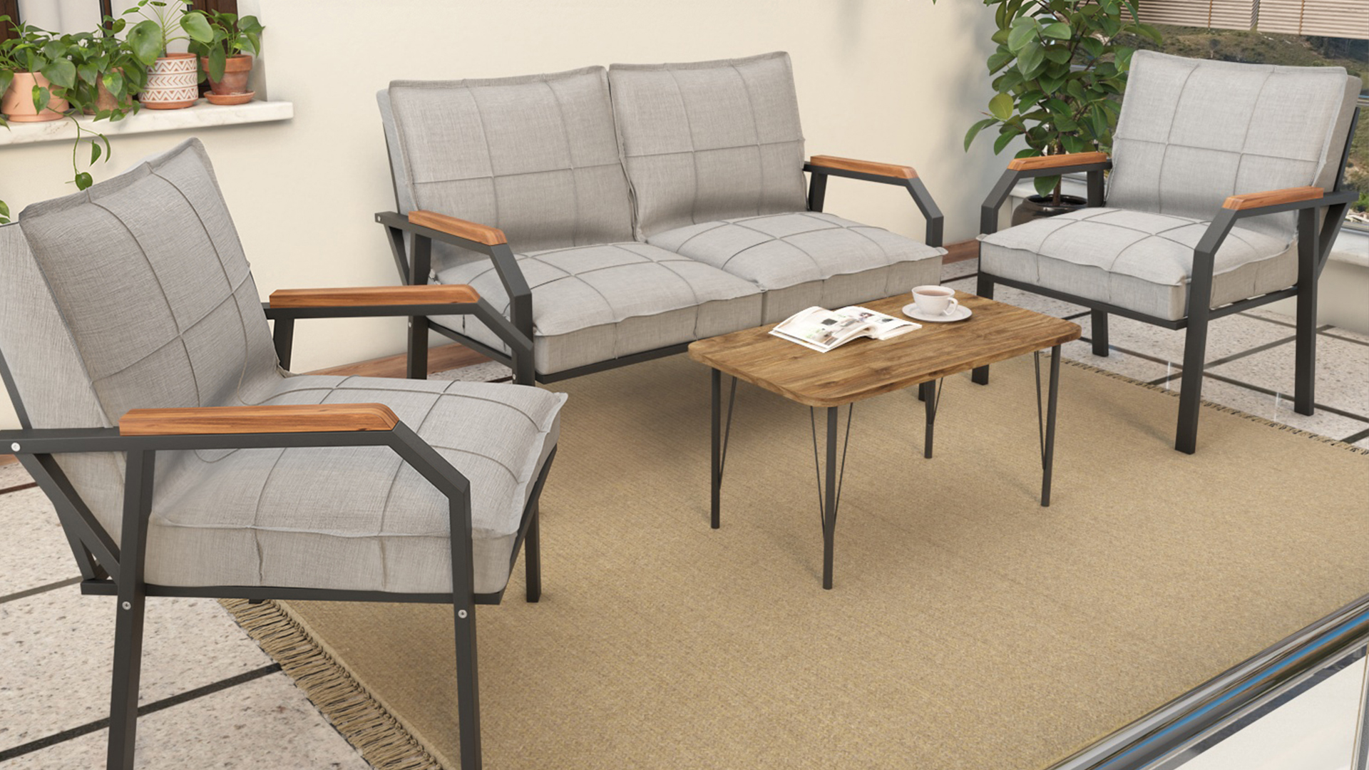 Berlin Balkon,Bahçe,Cafe - Metal Kanepe Koltuk Takımı  2 1 1 Gri  Sehpalı