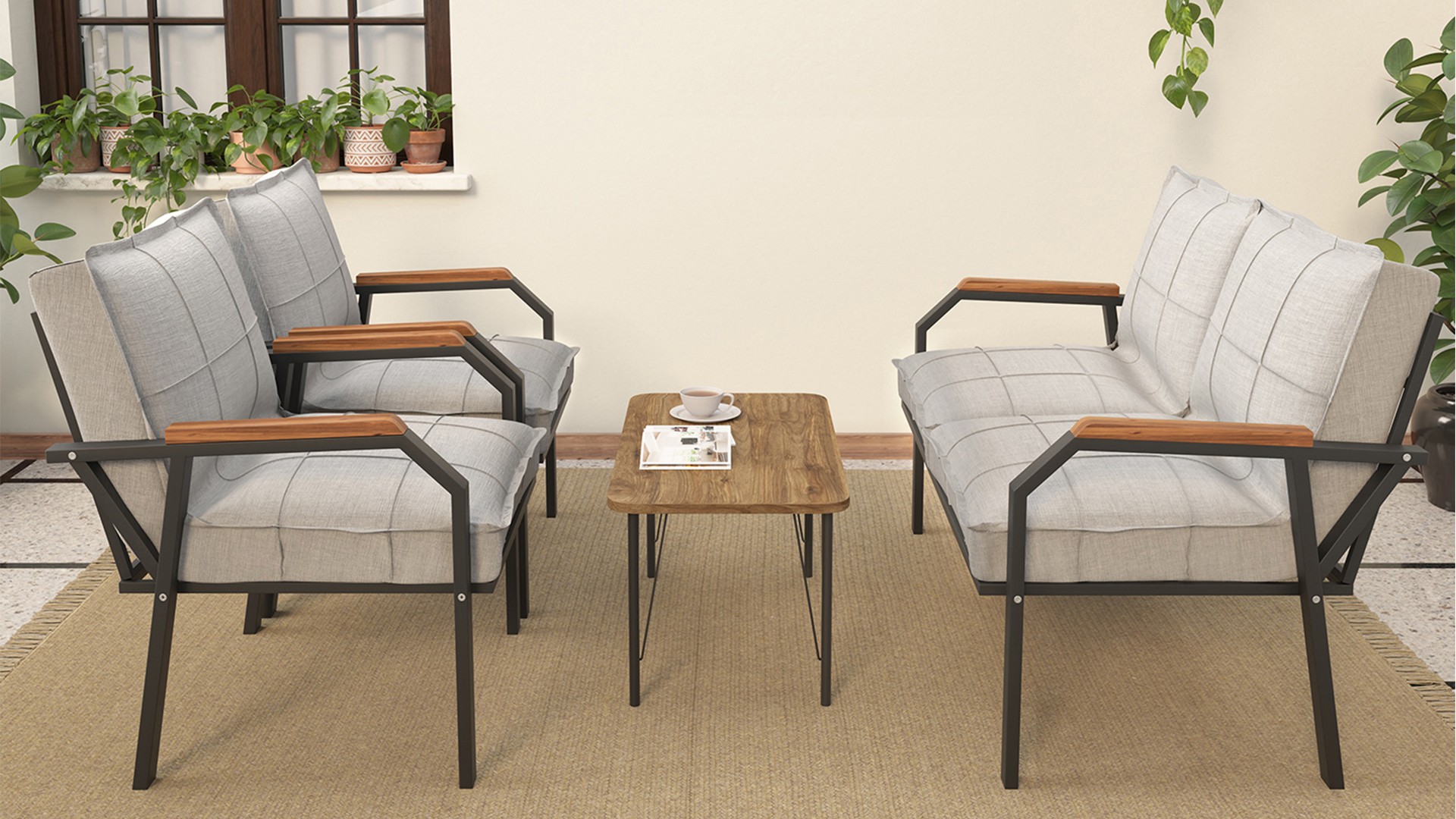 Berlin Balkon,Bahçe,Cafe - Metal Kanepe Koltuk Takımı  2 1 1 Gri  Sehpalı