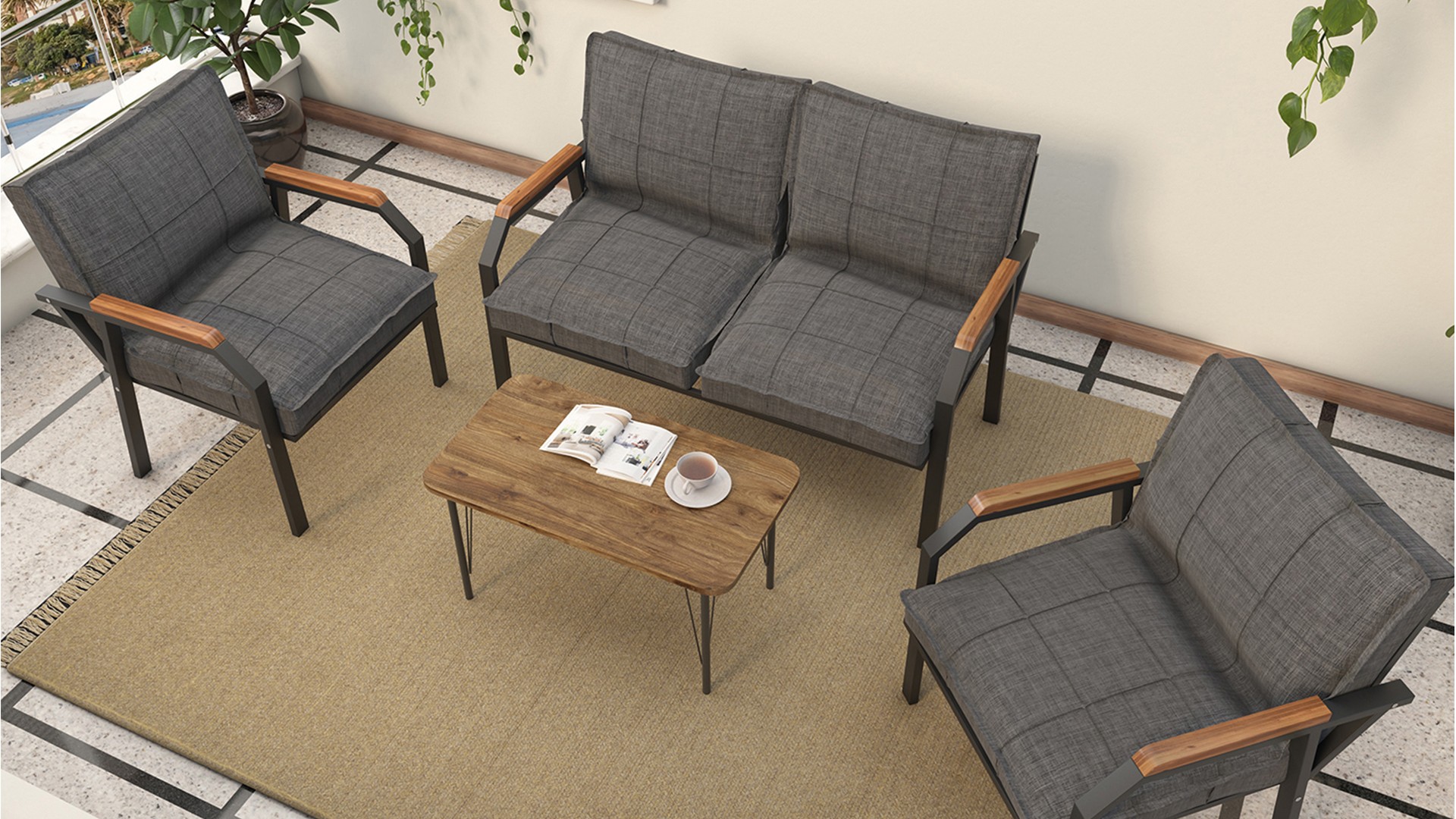 Berlin Balkon,Bahçe,Cafe - Metal Kanepe Koltuk Takımı  2 1 1 Koyu Gri Sehpalı