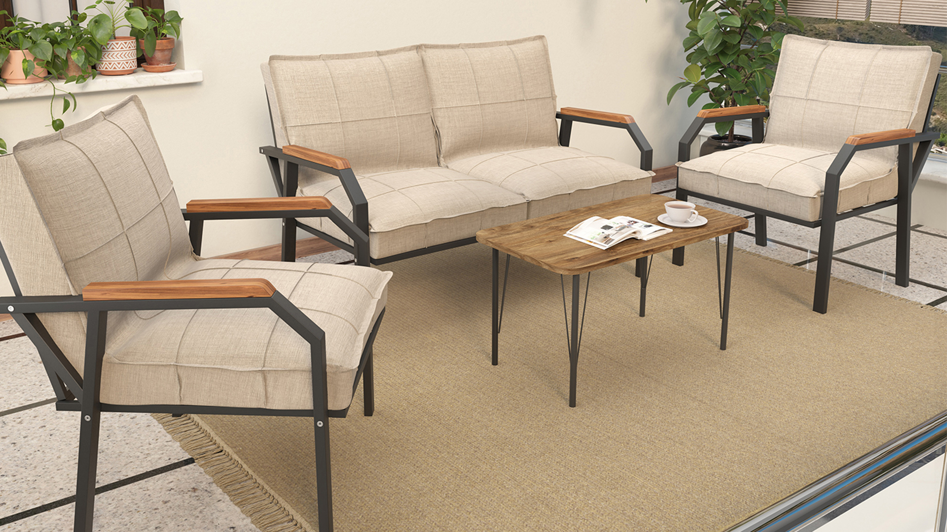 Berlin Balkon,Bahçe,Cafe - Metal Kanepe Koltuk Takımı  2 1 1 Krem Sehpalı