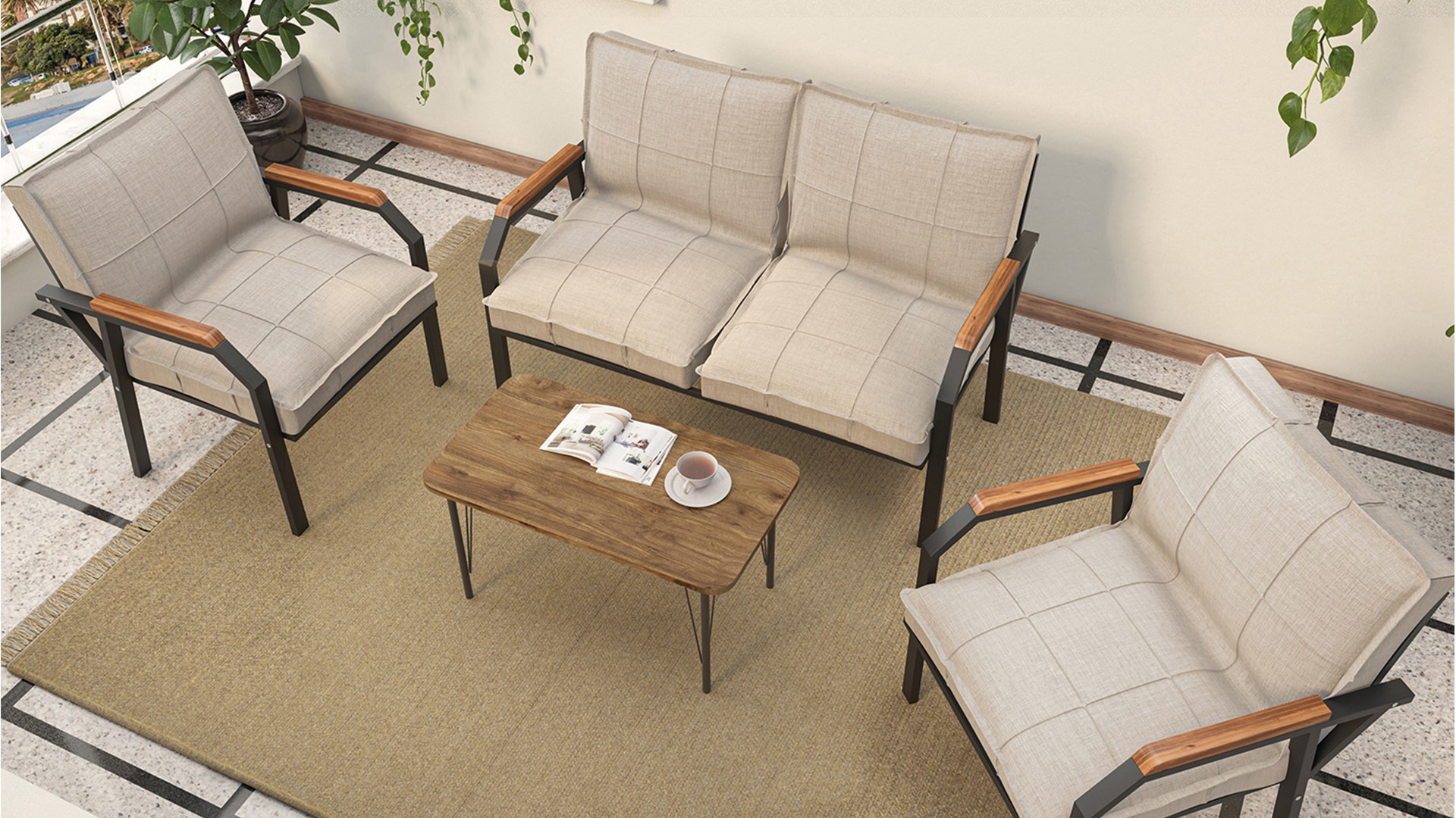 Berlin Balkon,Bahçe,Cafe - Metal Kanepe Koltuk Takımı  2 1 1 Krem Sehpalı