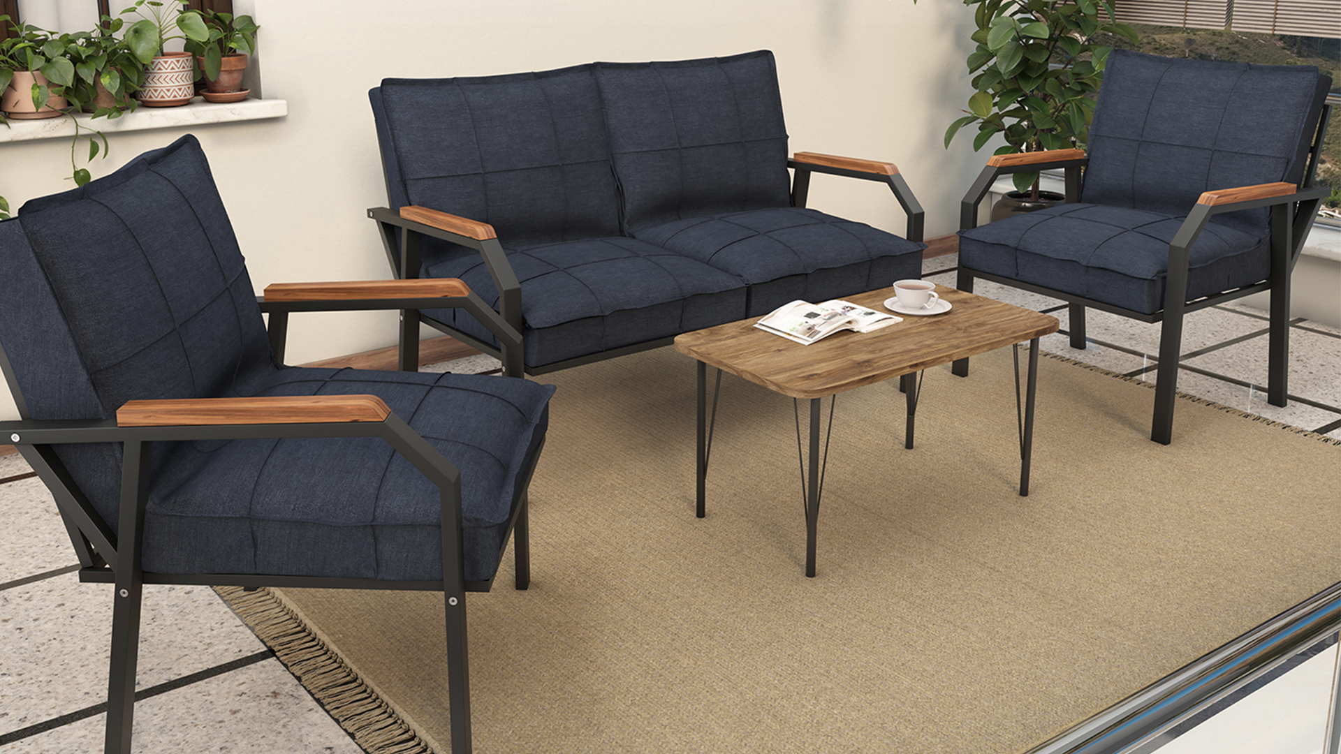 Berlin Balkon,Bahçe,Cafe - Metal Kanepe Koltuk Takımı  2 1 1 Lacivert Sehpalı