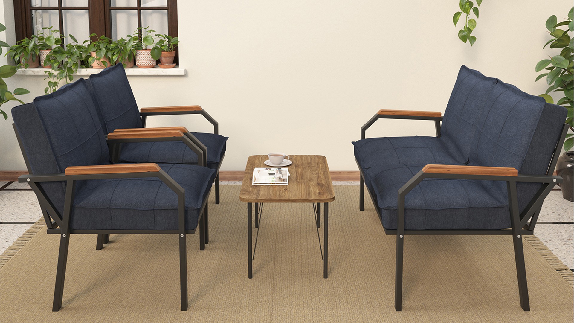 Berlin Balkon,Bahçe,Cafe - Metal Kanepe Koltuk Takımı  2 1 1 Lacivert Sehpalı