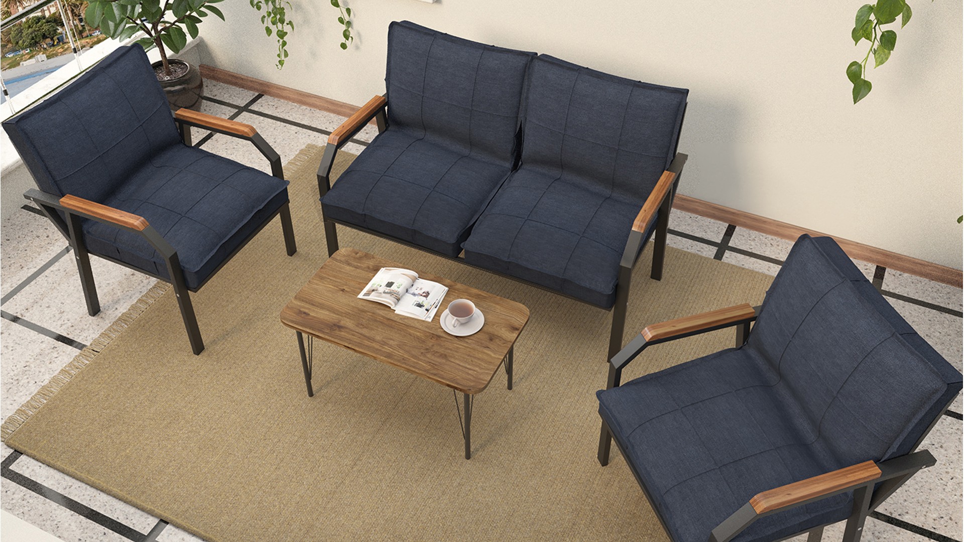 Berlin Balkon,Bahçe,Cafe - Metal Kanepe Koltuk Takımı  2 1 1 Lacivert Sehpalı