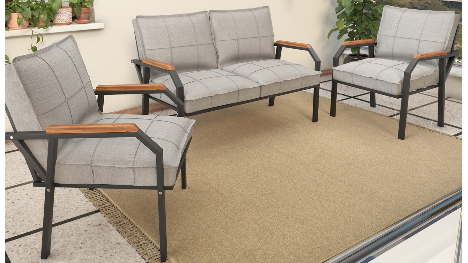 Berlin Balkon,Bahçe,Cafe - Metal Kanepe Koltuk Takımı  2 1 1 Gri