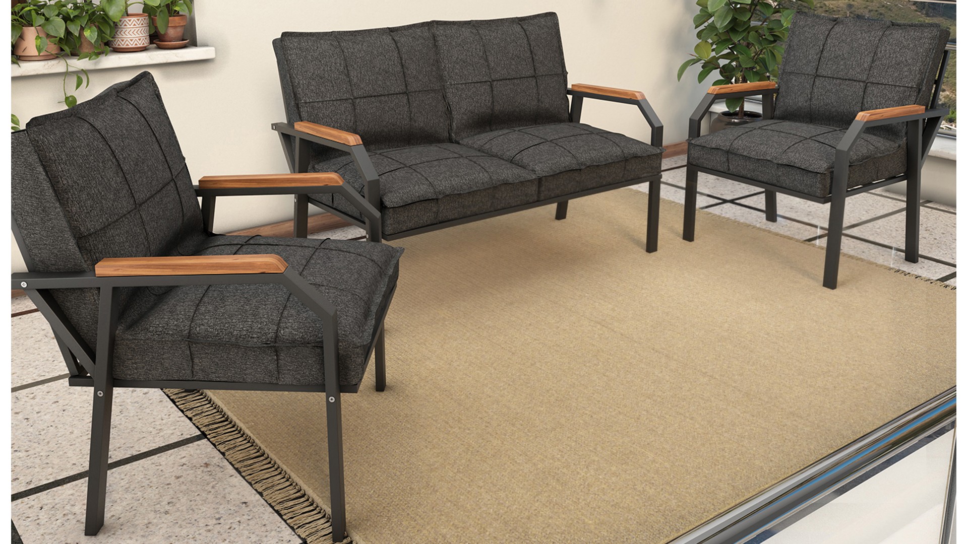 Berlin Balkon,Bahçe,Cafe - Metal Kanepe Koltuk Takımı  2 1 1 Füme Antaraist