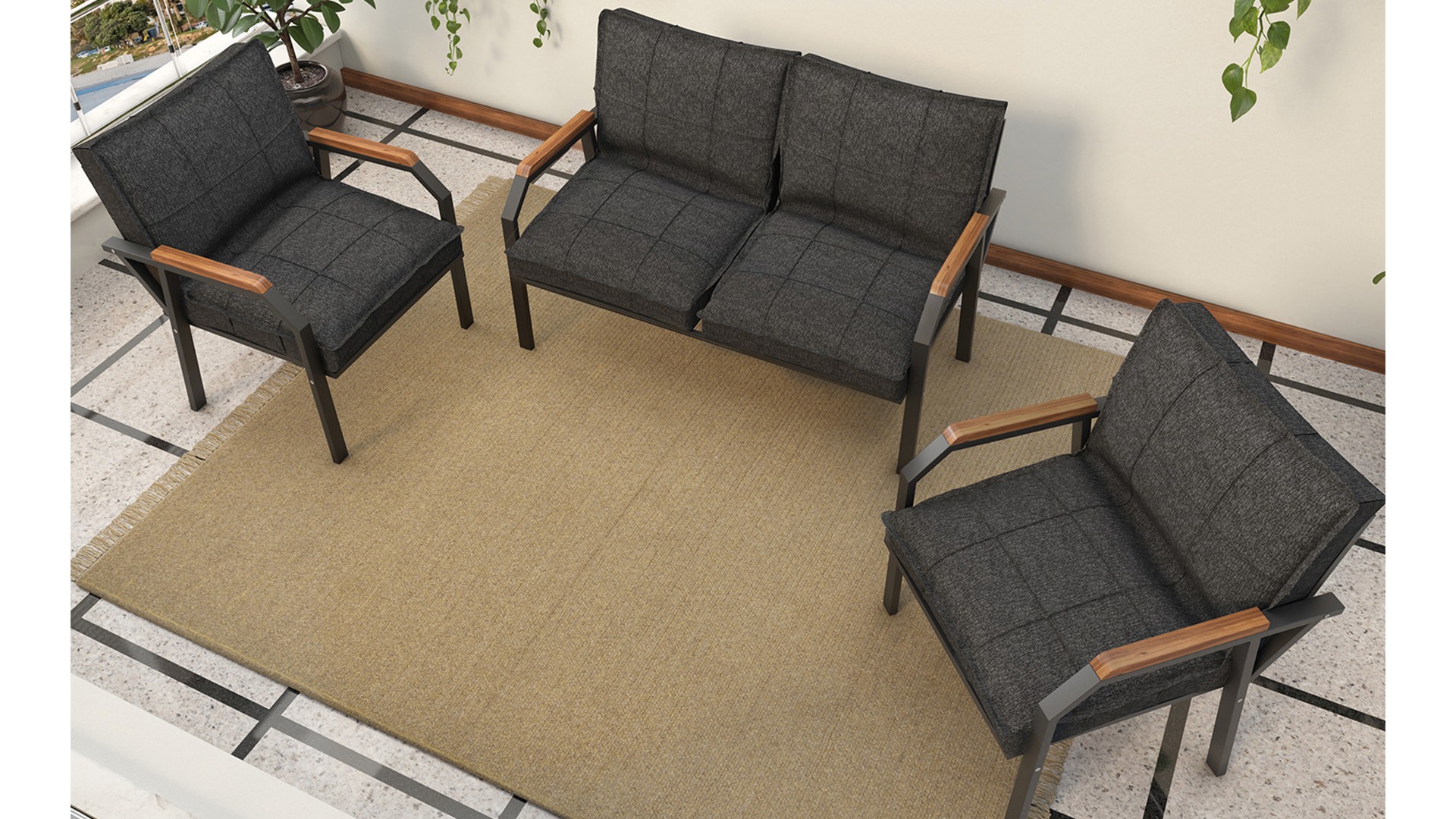 Berlin Balkon,Bahçe,Cafe - Metal Kanepe Koltuk Takımı  2 1 1 Füme Antaraist