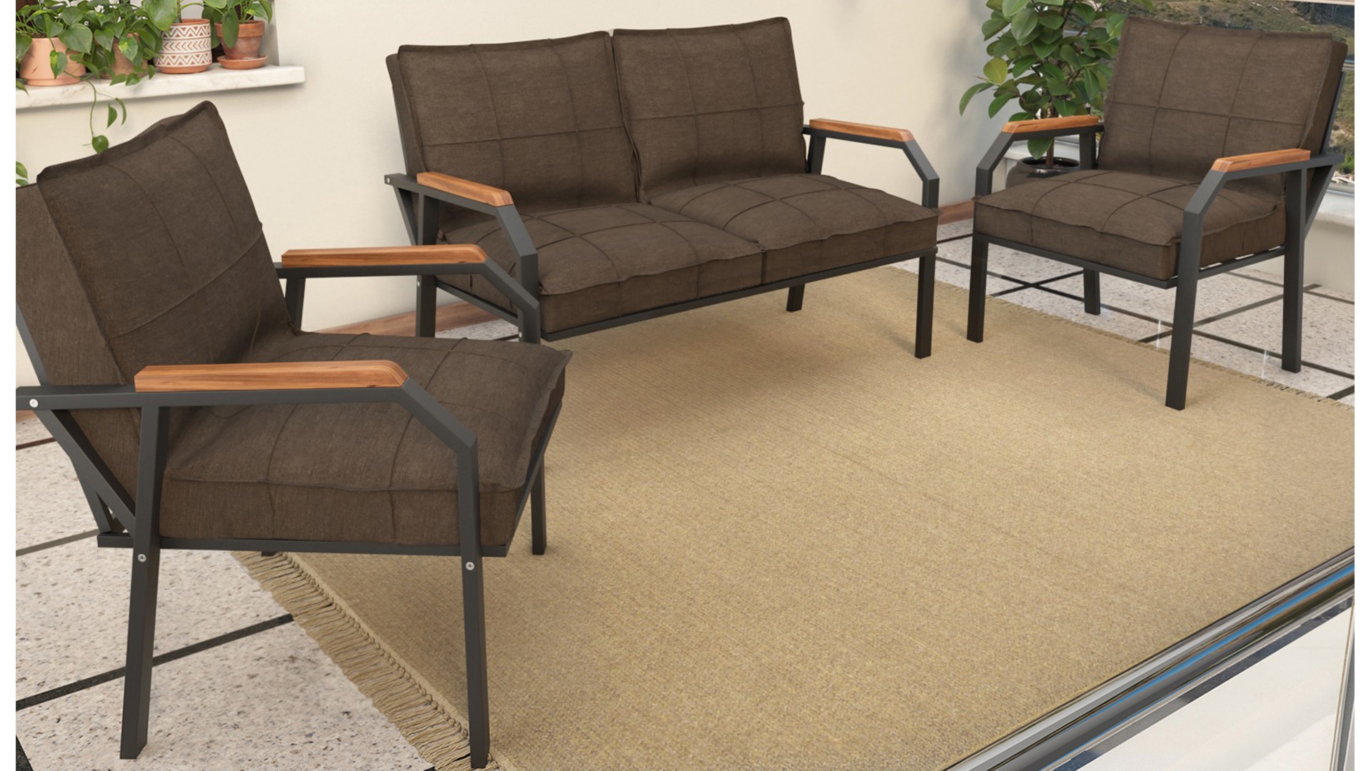 Berlin Balkon,Bahçe,Cafe - Metal Kanepe Koltuk Takımı  2 1 1 Kahve