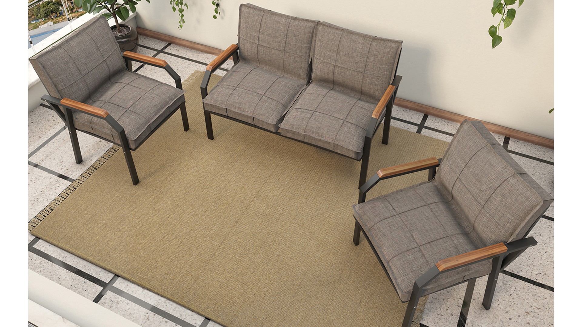 Berlin Balkon,Bahçe,Cafe - Metal Kanepe Koltuk Takımı  2 1 1 Kapiçino