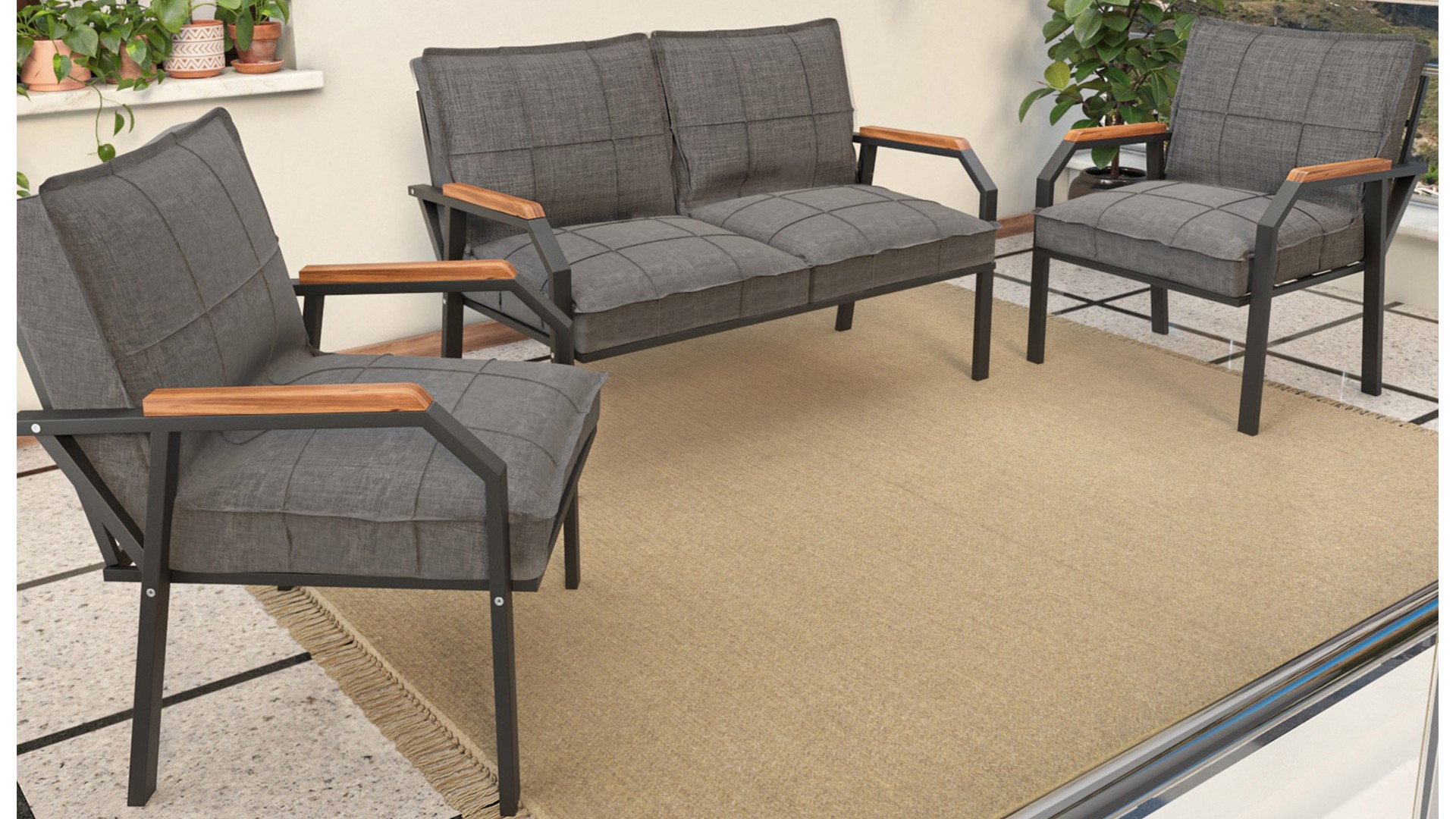 Berlin Balkon,Bahçe,Cafe - Metal Kanepe Koltuk Takımı  2 1 1 Koyu Gri