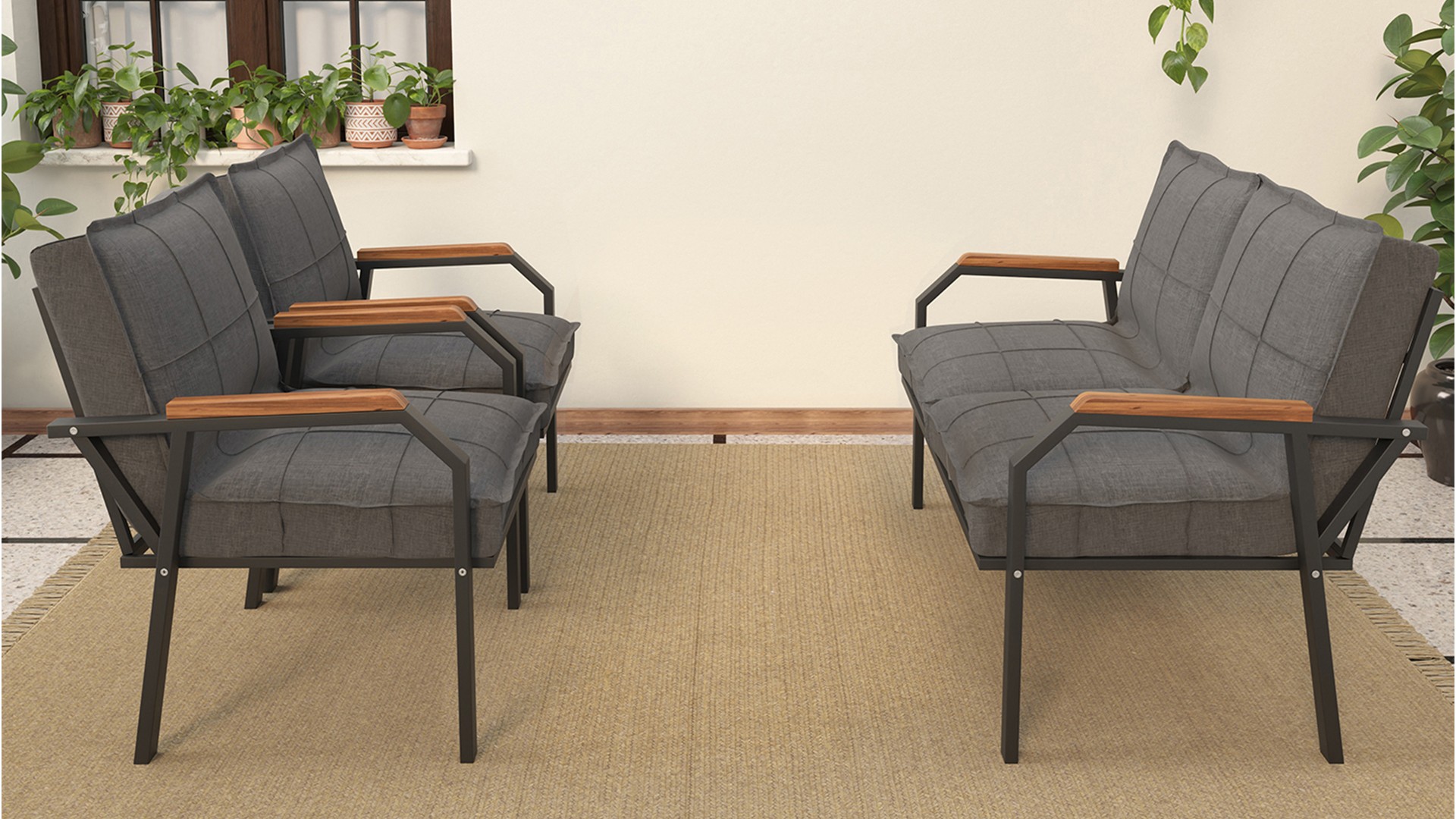 Berlin Balkon,Bahçe,Cafe - Metal Kanepe Koltuk Takımı  2 1 1 Koyu Gri