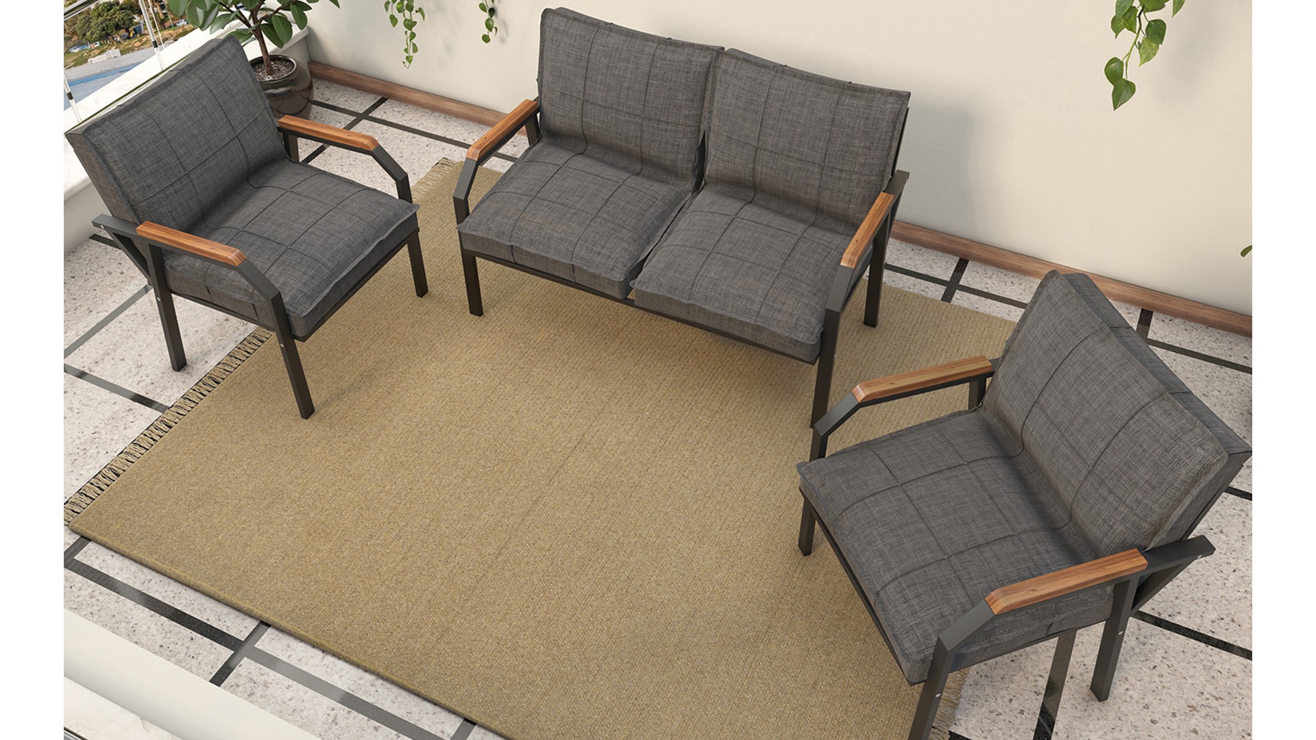 Berlin Balkon,Bahçe,Cafe - Metal Kanepe Koltuk Takımı  2 1 1 Koyu Gri