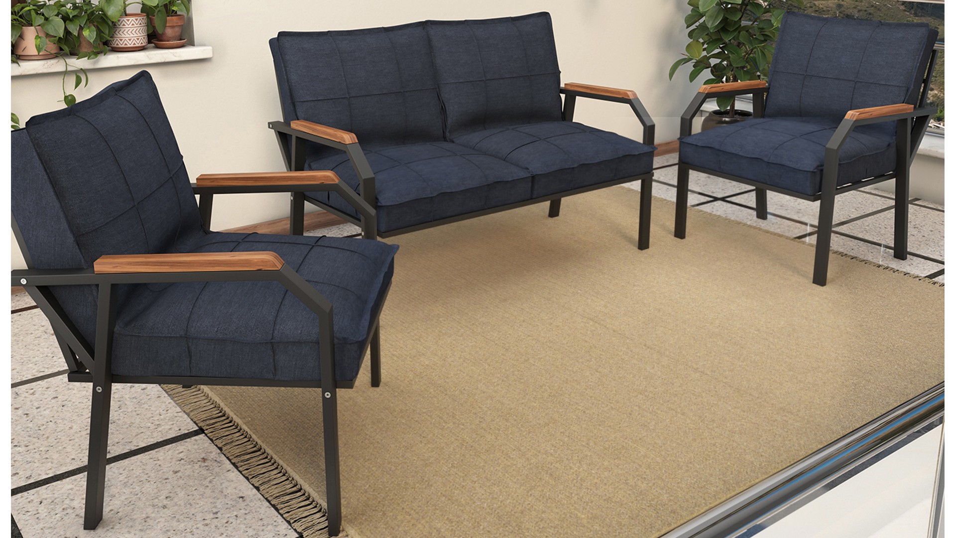 Berlin Balkon,Bahçe,Cafe - Metal Kanepe Koltuk Takımı  2 1 1 Lacivert