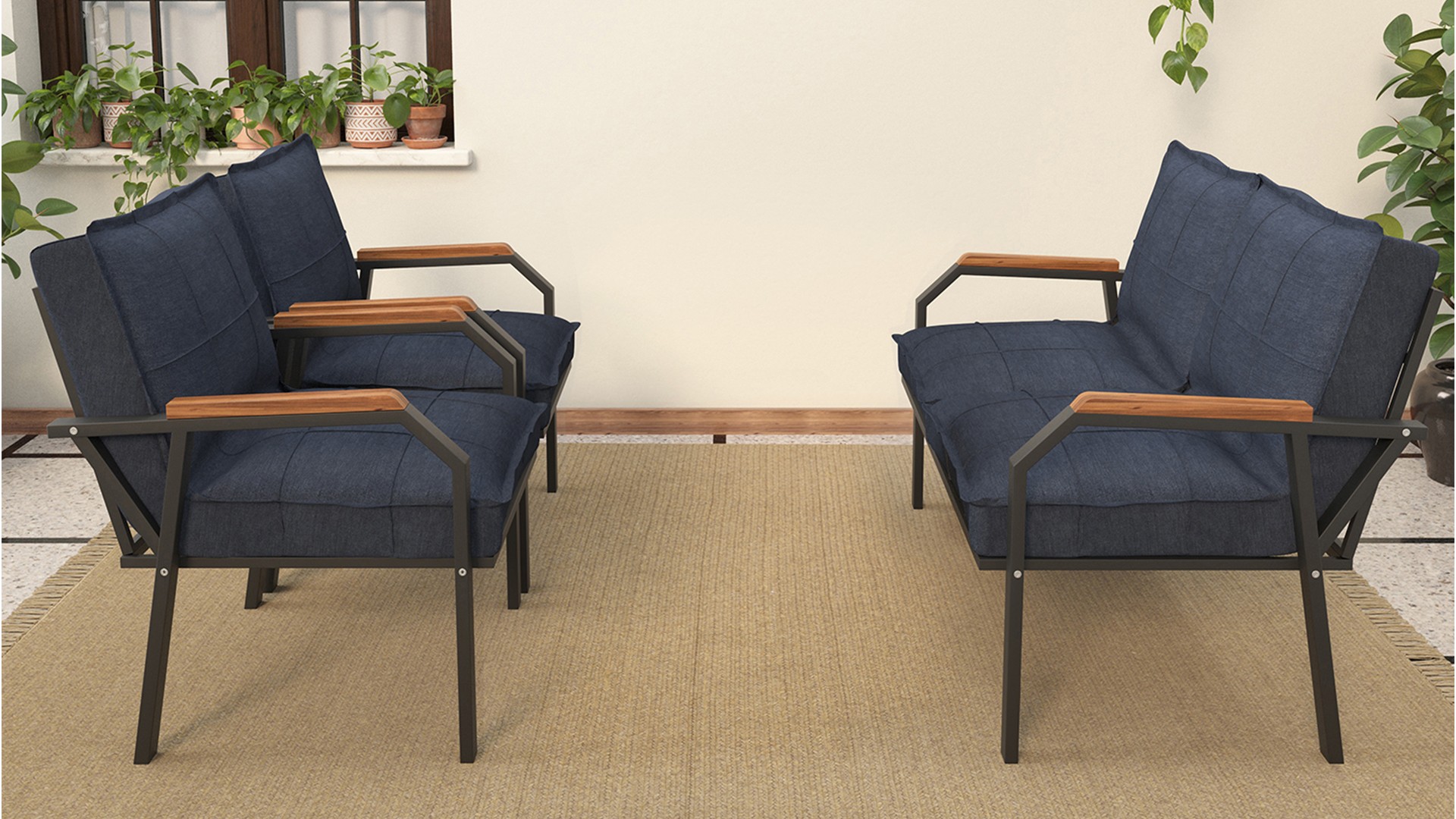 Berlin Balkon,Bahçe,Cafe - Metal Kanepe Koltuk Takımı  2 1 1 Lacivert