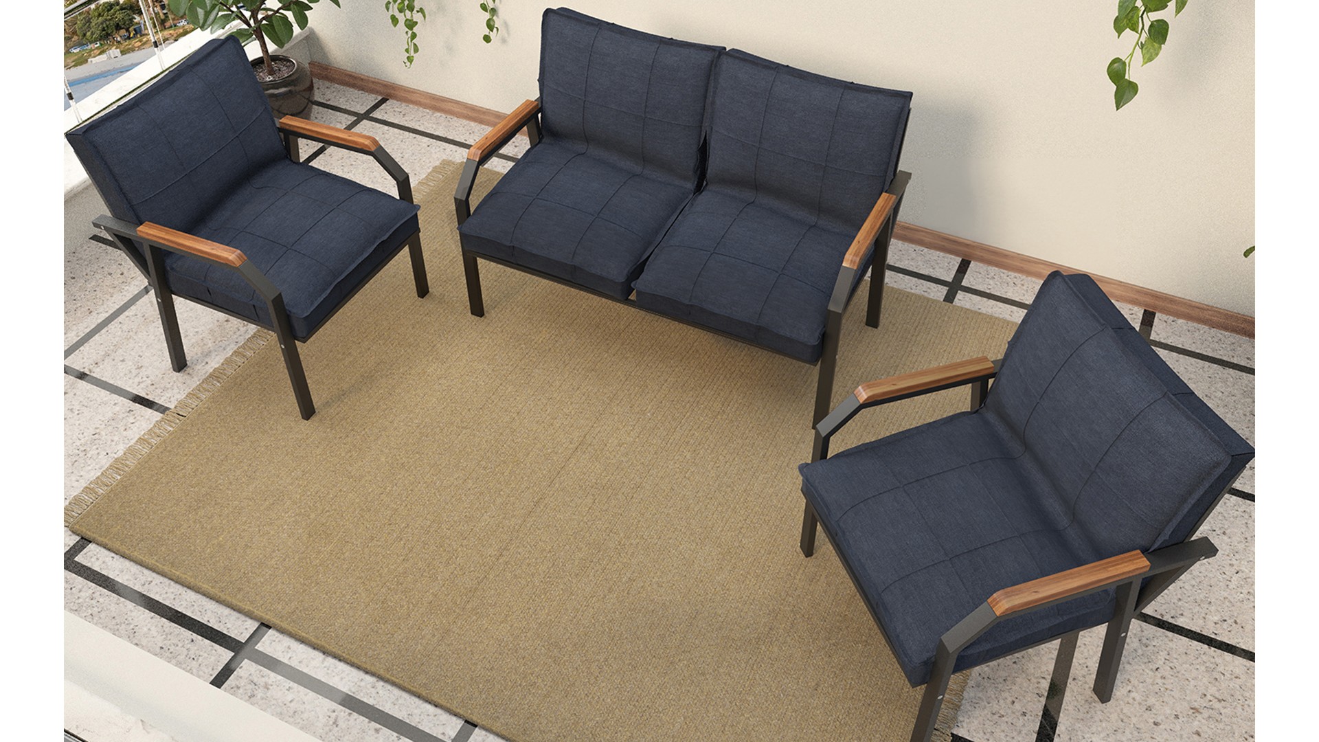 Berlin Balkon,Bahçe,Cafe - Metal Kanepe Koltuk Takımı  2 1 1 Lacivert