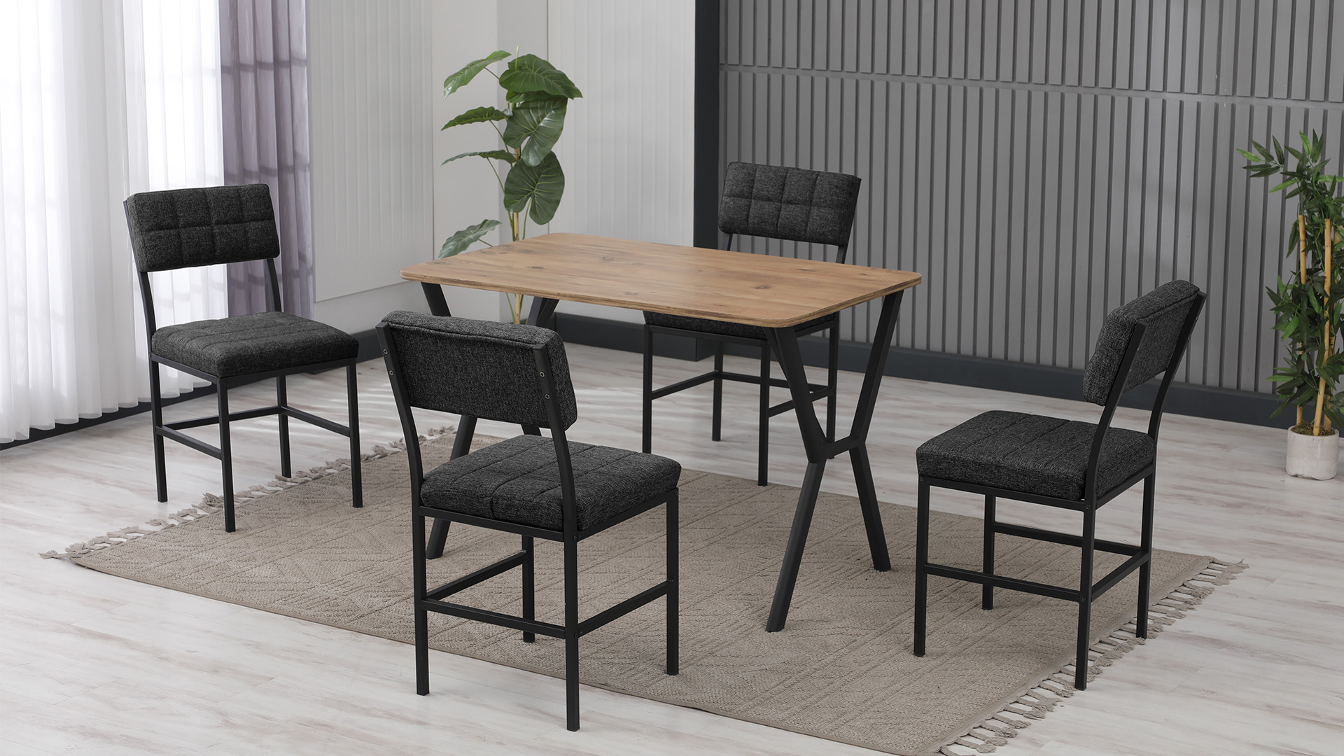 Dubai Modeli Mutfak Masa Takımı 4 Sandalye Keten Kumaş Füme 1 Masa Ceviz