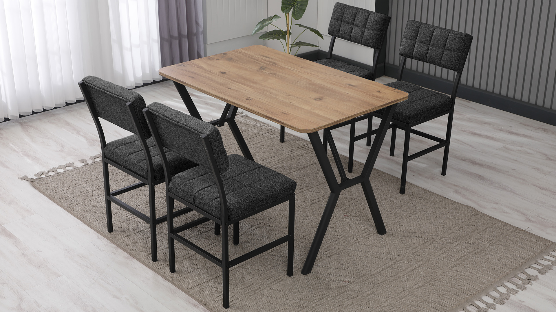 Dubai Modeli Mutfak Masa Takımı 4 Sandalye Keten Kumaş Füme 1 Masa Ceviz