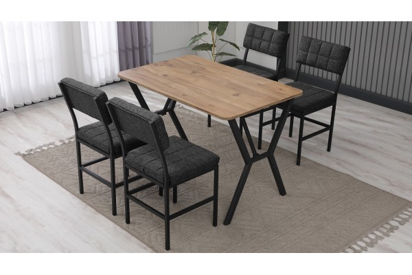 Dubai Modeli Mutfak Masa Takımı 4 Kişilik 4 Sandalye 1 Masa 70x110 cm Ceviz Keten Kumaş Füme
