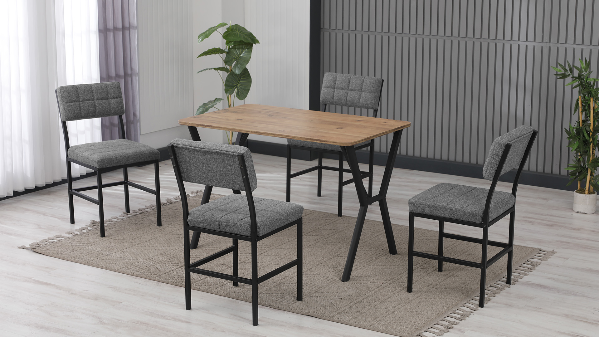 Dubai Modeli Mutfak Masa Takımı 4 Sandalye Keten Kumaş Gri 1 Masa Ceviz