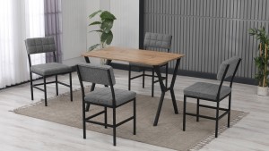 Dubai Modeli Mutfak Masa Takımı 4 Sandalye Keten Kumaş Gri 1 Masa Ceviz