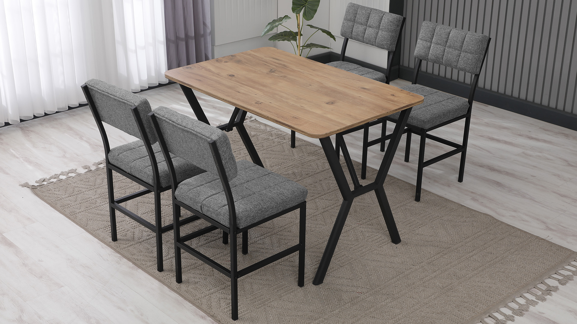 Dubai Modeli Mutfak Masa Takımı 4 Sandalye Keten Kumaş Gri 1 Masa Ceviz