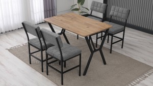 Dubai Modeli Mutfak Masa Takımı 4 Sandalye Keten Kumaş Gri 1 Masa Ceviz