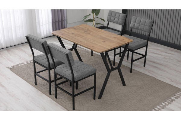 Dubai Modeli Mutfak Masa Takımı 4 Kişilik 4 Sandalye 1 Masa 70x110 cm Ceviz Keten Kumaş Gri