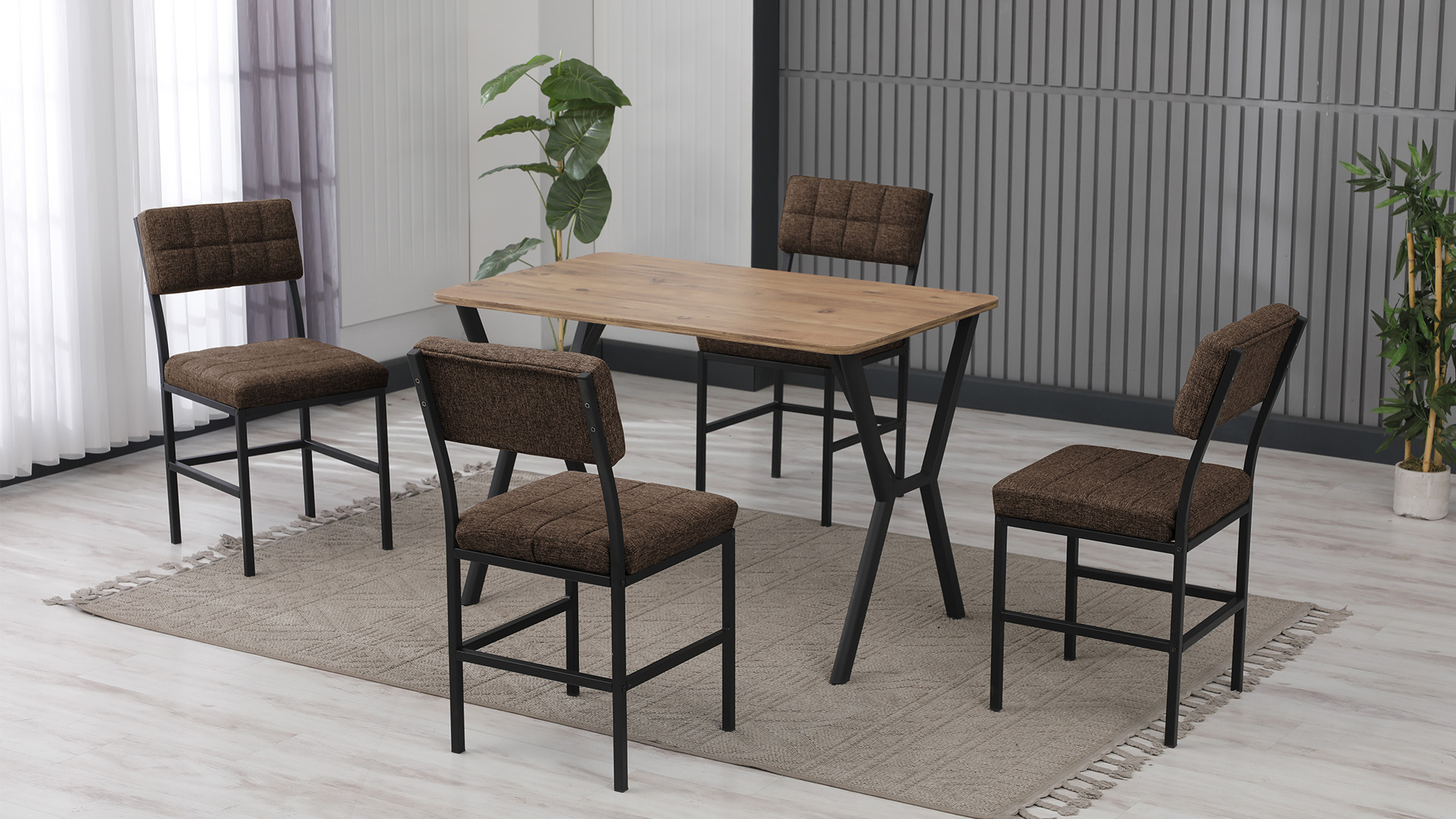 Dubai Modeli Mutfak Masa Takımı 4 Sandalye Keten Kumaş Kahve 1 Masa Ceviz