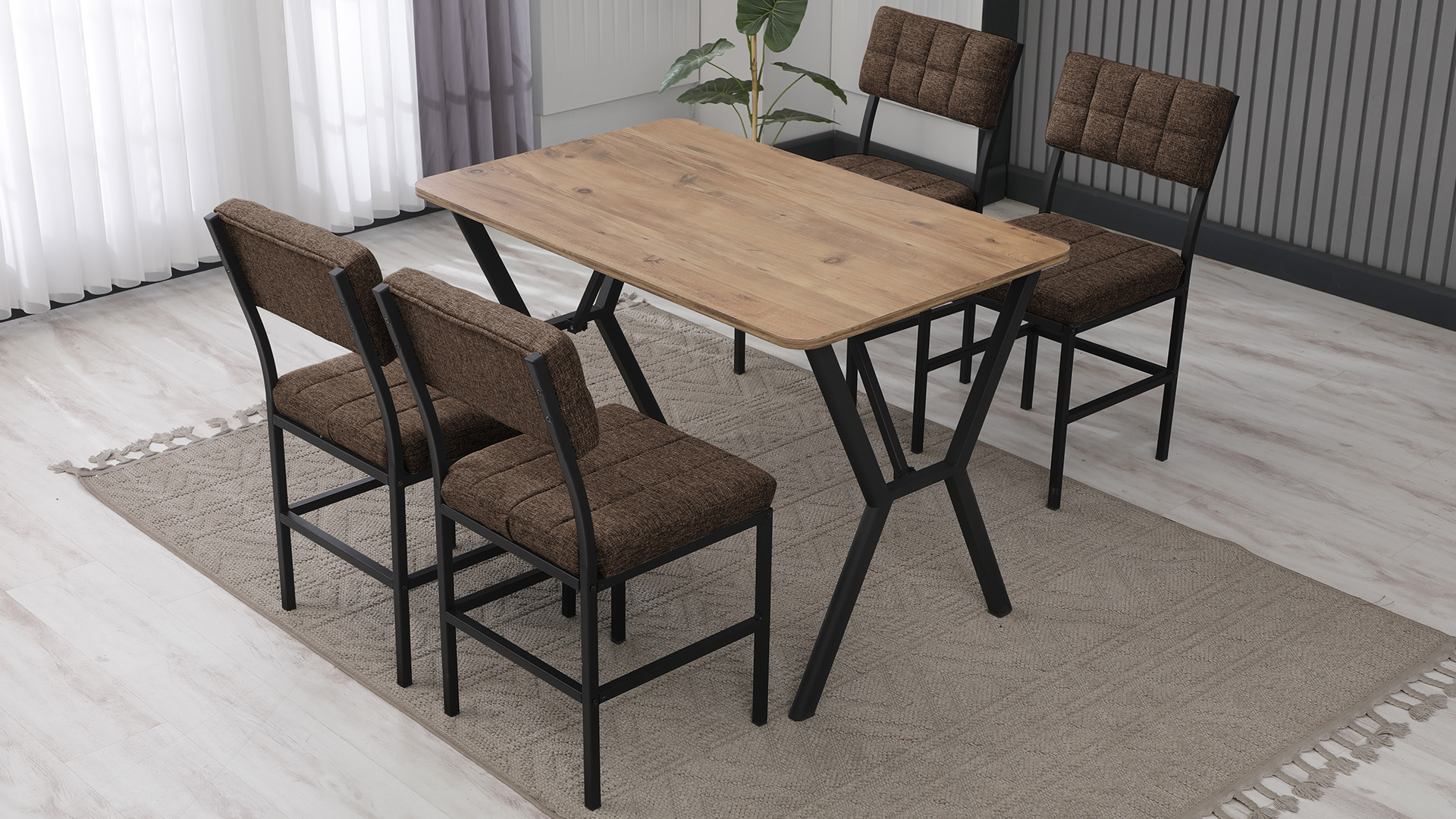 Dubai Modeli Mutfak Masa Takımı 4 Sandalye Keten Kumaş Kahve 1 Masa Ceviz