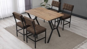 Dubai Modeli Mutfak Masa Takımı 4 Sandalye Keten Kumaş Kahve 1 Masa Ceviz