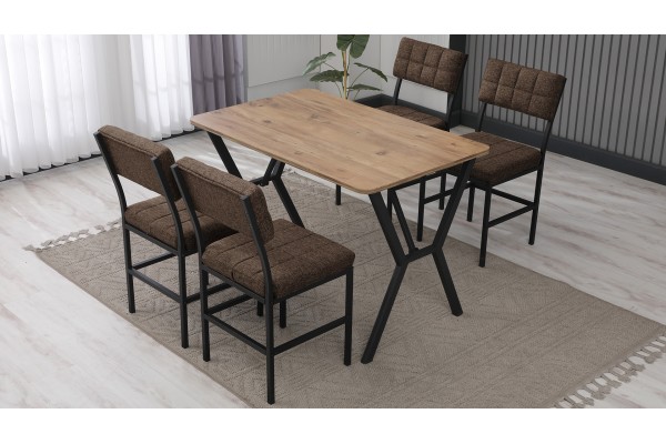 Dubai Modeli Mutfak Masa Takımı 4 Kişilik 4 Sandalye 1 Masa 70x110 cm Ceviz Keten Kumaş Kahve