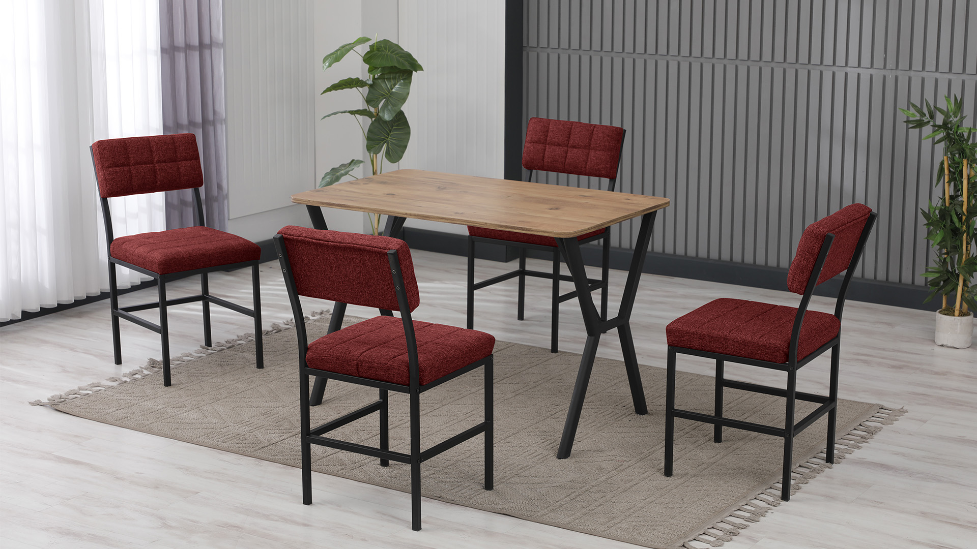 Dubai Modeli Mutfak Masa Takımı 4 Sandalye Keten Kumaş Bordo 1 Masa Ceviz