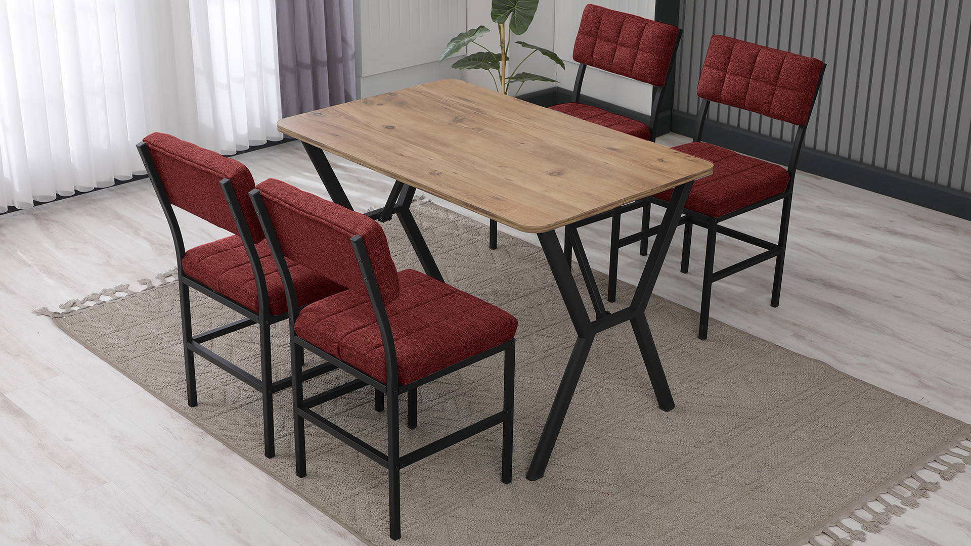 Dubai Modeli Mutfak Masa Takımı 4 Sandalye Keten Kumaş Bordo 1 Masa Ceviz