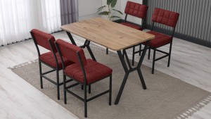 Dubai Modeli Mutfak Masa Takımı 4 Sandalye Keten Kumaş Bordo 1 Masa Ceviz