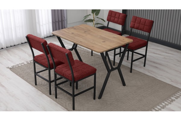 Dubai Modeli Mutfak Masa Takımı 4 Kişilik 4 Sandalye 1 Masa 70x110 cm Ceviz Keten Kumaş Bordo