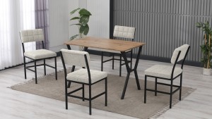 Dubai Modeli Mutfak Masa Takımı 4 Sandalye Keten Kumaş Krem1 Masa Ceviz