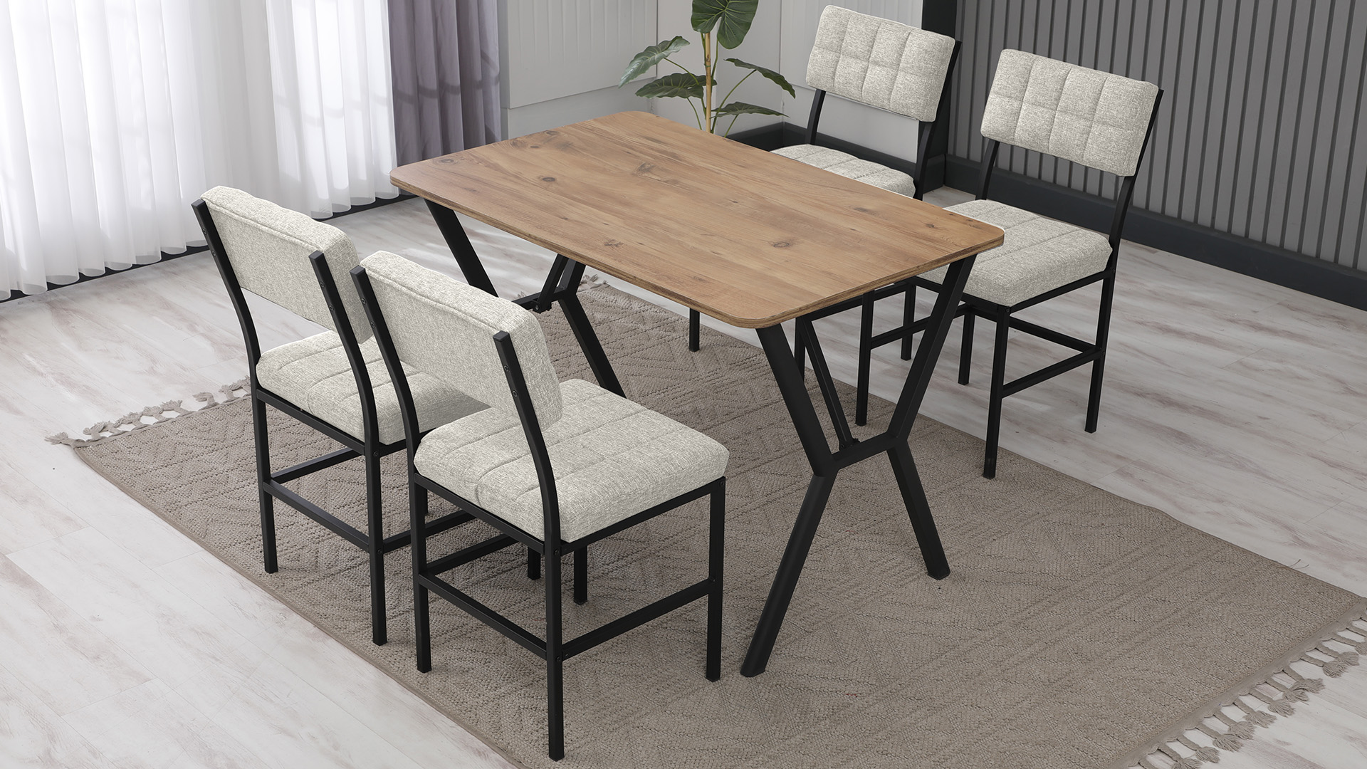 Dubai Modeli Mutfak Masa Takımı 4 Sandalye Keten Kumaş Krem1 Masa Ceviz