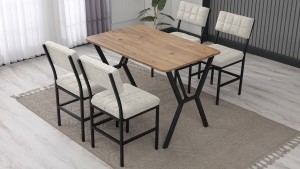 Dubai Modeli Mutfak Masa Takımı 4 Sandalye Keten Kumaş Krem1 Masa Ceviz