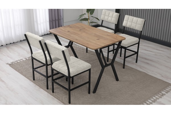 Dubai Modeli Mutfak Masa Takımı 4 Kişilik 4 Sandalye 1 Masa 70x110 cm Ceviz Keten Kumaş Krem
