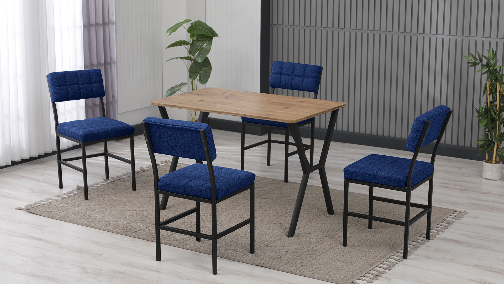 Dubai Modeli Mutfak Masa Takımı 4 Sandalye Keten Kumaş Lacivert 1 Masa Ceviz