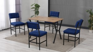 Dubai Modeli Mutfak Masa Takımı 4 Sandalye Keten Kumaş Lacivert 1 Masa Ceviz