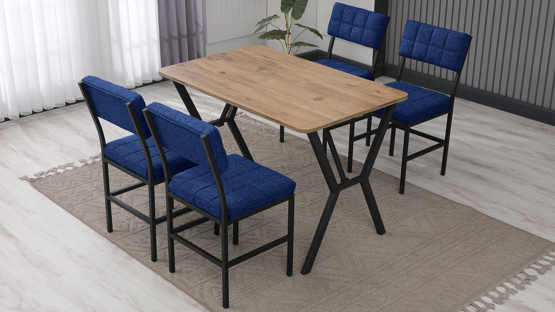 Dubai Modeli Mutfak Masa Takımı 4 Sandalye Keten Kumaş Lacivert 1 Masa Ceviz