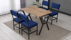 Dubai Modeli Mutfak Masa Takımı 4 Sandalye Keten Kumaş Lacivert 1 Masa Ceviz