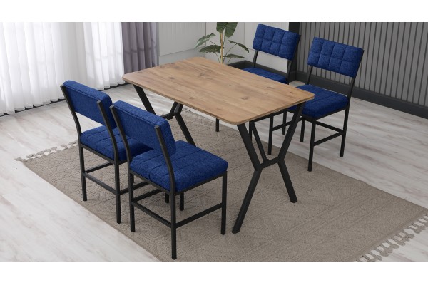 Dubai Modeli Mutfak Masa Takımı 4 Kişilik 4 Sandalye 1 Masa 70x110 cm Ceviz Keten Kumaş Lacivert
