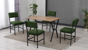Dubai Modeli Mutfak Masa Takımı 4 Sandalye Keten Kumaş Yeşil 1 Masa Ceviz