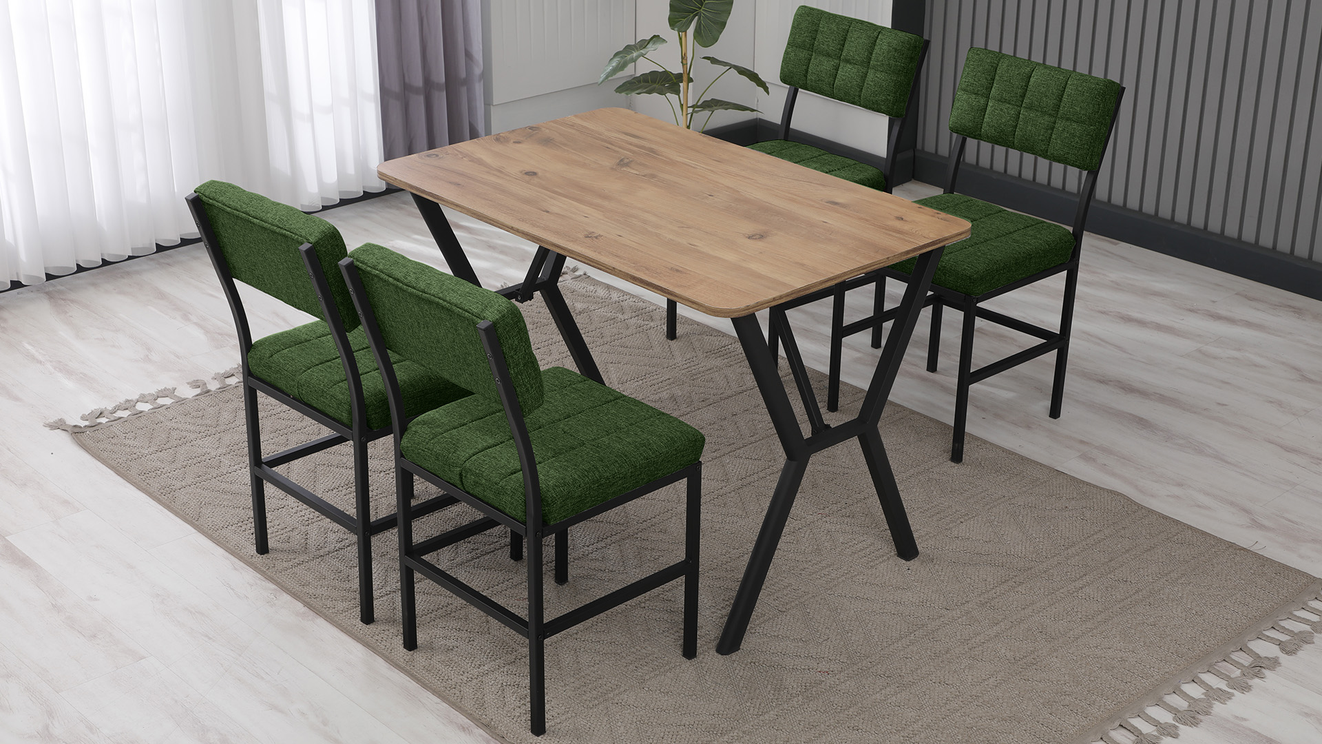 Dubai Modeli Mutfak Masa Takımı 4 Sandalye Keten Kumaş Yeşil 1 Masa Ceviz