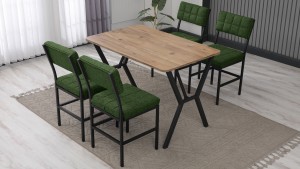 Dubai Modeli Mutfak Masa Takımı 4 Sandalye Keten Kumaş Yeşil 1 Masa Ceviz