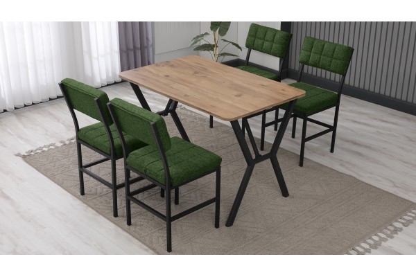 Dubai Modeli Mutfak Masa Takımı 4 Kişilik 4 Sandalye 1 Masa 70x110 cm Ceviz Keten Kumaş Yeşil
