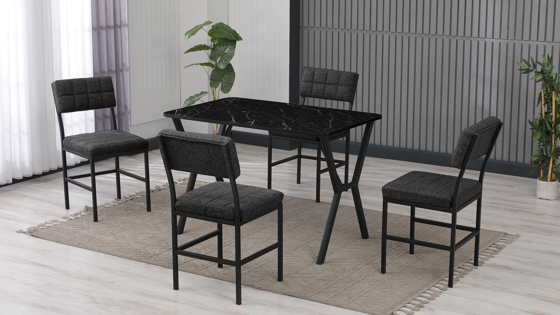 Dubai Modeli Mutfak Masa Takımı 4 Sandalye Keten Kumaş Füme 1 Masa Siyah Mermer Desenli