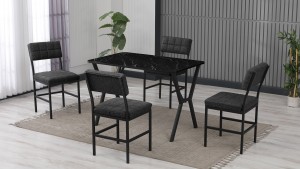 Dubai Modeli Mutfak Masa Takımı 4 Sandalye Keten Kumaş Füme 1 Masa Siyah Mermer Desenli